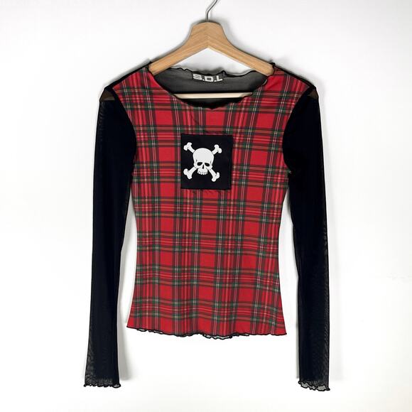 Vintage SDL Goth Mesh Plaid Skull Long Sleeve Blouse Top Euro Mall Goth Y2K Rare - Picture 2 of 16